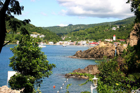 View of bay & village of Deshaies. Deshaies, Guadeloupe.