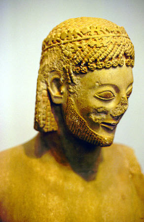 Detail of Rampin Horseman, dating approximately 550 BC, plaster reproduction from Acropolis Museum, Athens. Greece.