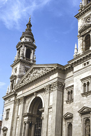 Facade of St Stephen's Basilica (Szent István Bazilika) in Budapest. Hungary.