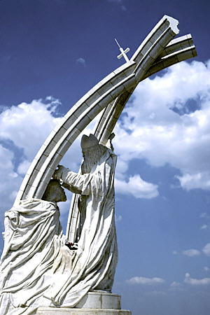 Monument beside St Adalbert Basilica in Estergom shows crowning of St Stephen. Hungary.