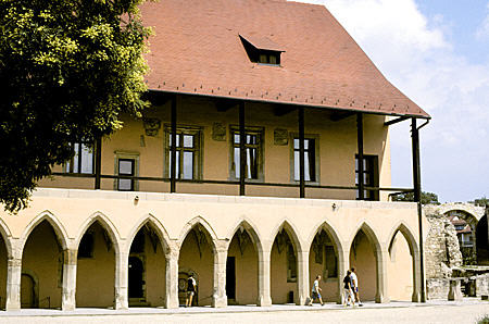 Colonnade of castle building now a museum on castle heights in Eger. Hungary.