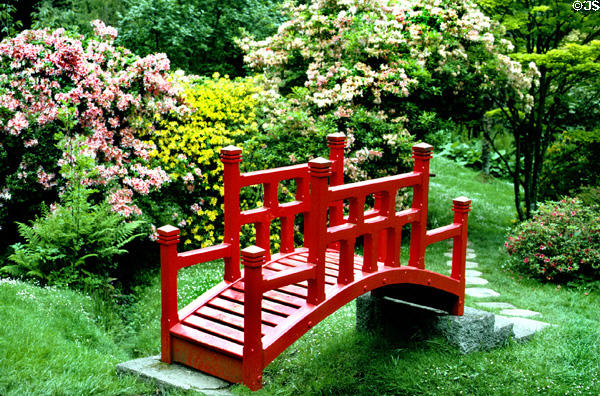 Japanese-style wooden bridge in Powerscourt Gardens, south of Dublin. Ireland.