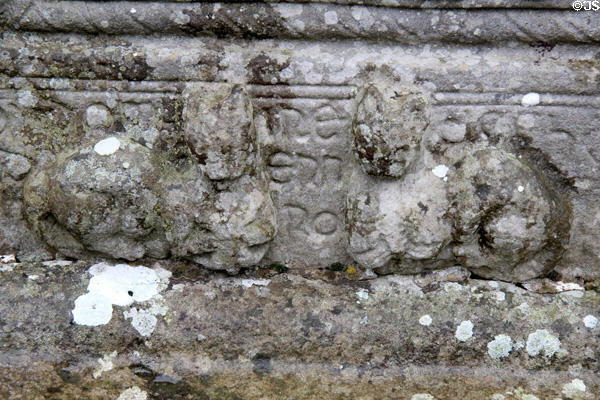 Inscription to Bishop Muiredach flanked by carved cats on Muiredach's high cross at Monasterboice. Ireland.