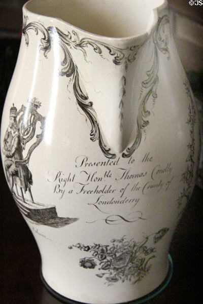Presentation inscription to Thomas Conolly on repeal of Vestry Act creamware pitcher at Castletown House. Ireland.