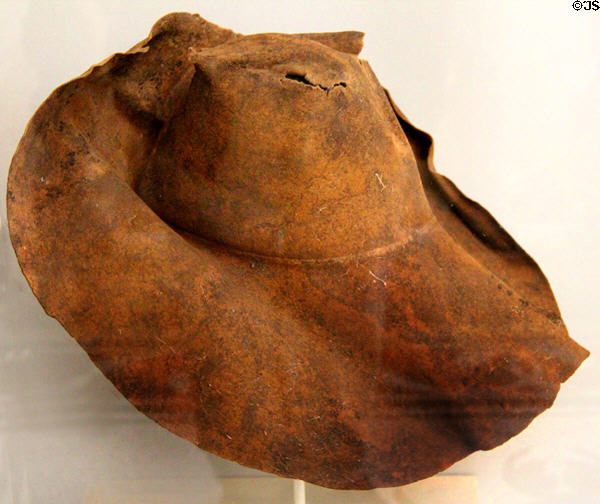 Medieval wool felt hat found meters deep in bog of Donegal at National Museum of Ireland Archaeology. Dublin, Ireland.