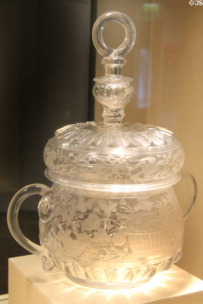 Clear glass Lismullen posset bowl which belonged to King William III who left it with John Dillon of Lismullen after Battle of the Boyne at National Museum Decorative Arts & History. Dublin, Ireland.
