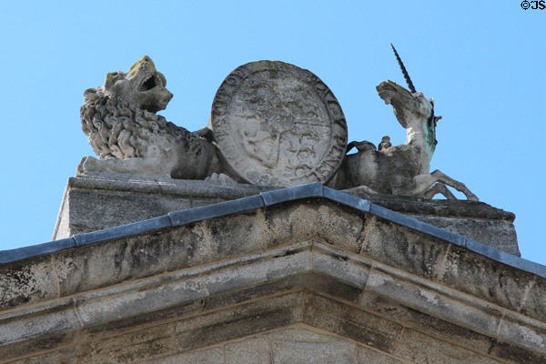 Coat of arms with lion & unicorn atop Kilmainham Gaol. Dublin, Ireland.