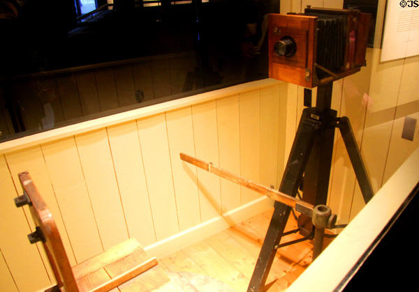 Antique camera (1860s) to take front & side view mug shots using mirror at Kilmainham Gaol Museum. Dublin, Ireland.