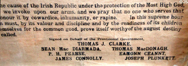 Detail of signers on Easter Rising poster (1916) declaring Irish Republic at Kilmainham Gaol Museum. Dublin, Ireland.