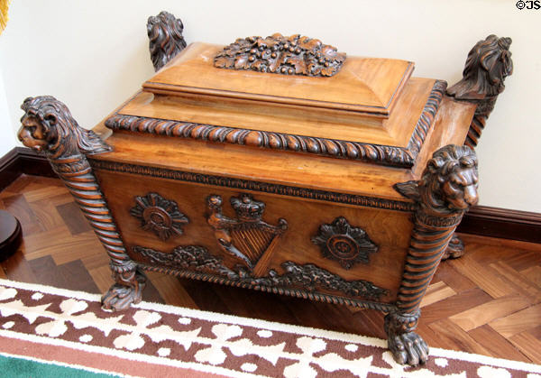Wine cooler with Irish harp carving (c1890) by James Hicks at Aras an Uachtarain. Dublin, Ireland.