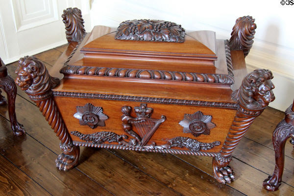 Wine cooler with Irish harp carving (c1890) by James Hicks in dining room at Dublin Castle. Dublin, Ireland.