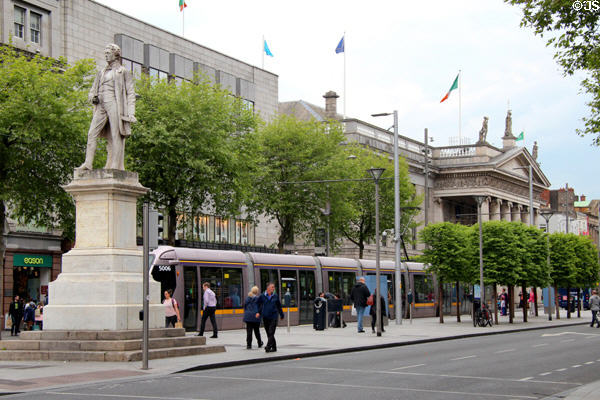 Tram mall with General Post Office on O'Connell Street. Dublin, Ireland.