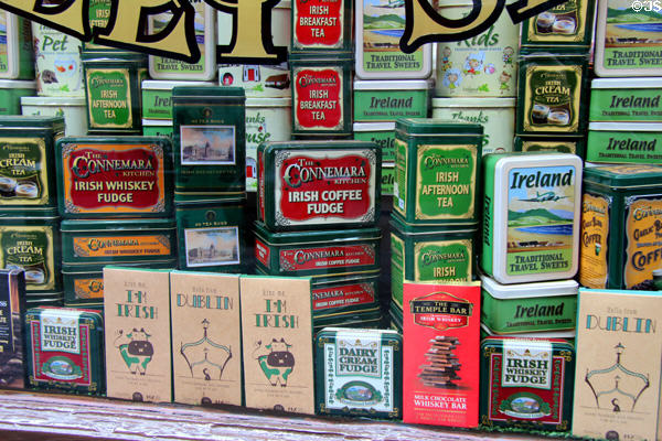 Tea & candy tins in shop window at Temple Bar. Dublin, Ireland.