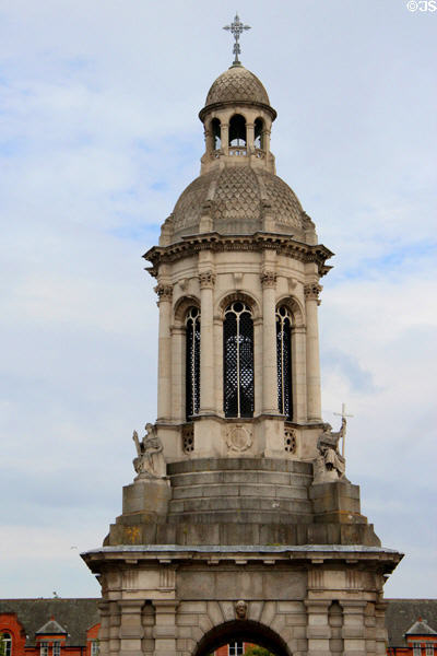 Upper details of Campanile at Trinity College. Dublin, Ireland.