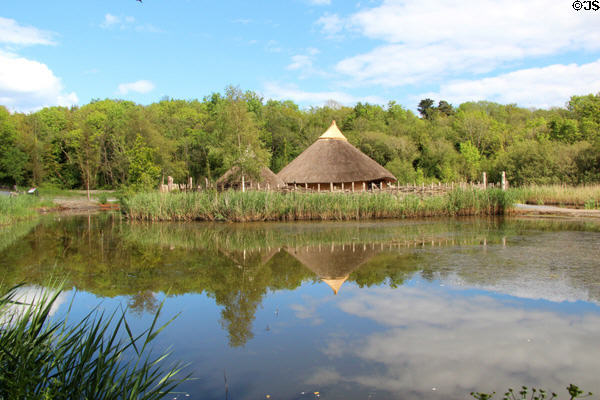 Replica of medieval Crannog lake settlement (800 CE) at Irish National Heritage Park. Ireland.