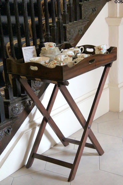 Porcelain teaset (c1904) by Wileman & Co. on portable tea tray & stand at Bishop's Palace. Waterford, Ireland.