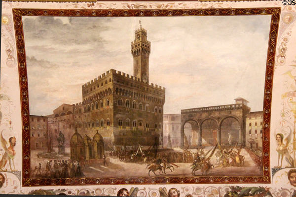 View of historic Florence painted on ceiling at Uffizi Gallery. Florence, Italy.