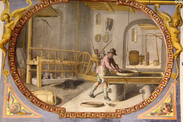 Painted view of barrel making on ceiling at Uffizi Gallery. Florence, Italy.