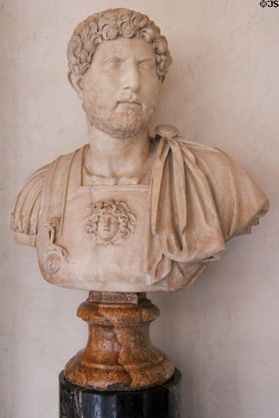 Roman emperor Hadrian (117-138) marble bust (117-138) at Uffizi Gallery. Florence, Italy.