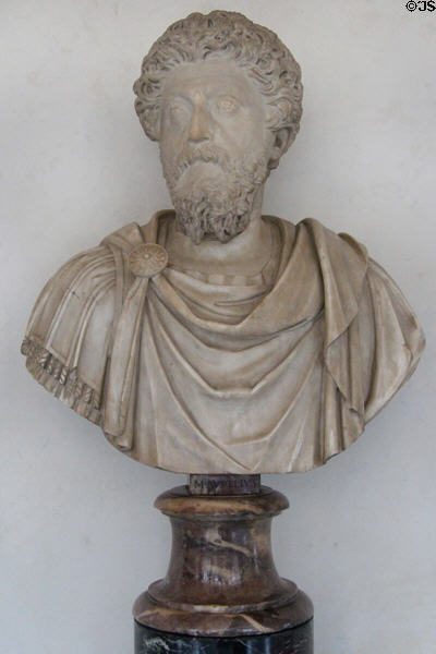 Roman emperor Marcus Aurelius (161-180) marble bust (late 2ndC) at Uffizi Gallery. Florence, Italy.