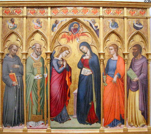 Annunciation with St Francis, St Nicholas, St Thomas & an Evangelist painting (1370-80) by Luca di Tommè at Uffizi Gallery. Florence, Italy.