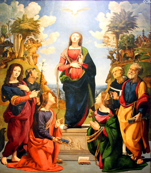Incarnation of Christ before St Catherine of Alexandria, St John the Evangelist, St Philip Benizi, St Antonius Archbishop, St Peter, & St Margaret painting (1500-5) by Piero di Cosimo at Uffizi Gallery. Florence, Italy.