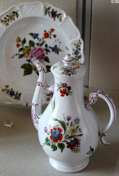 Porcelain coffee pot & bowl (1740-80) by Doccia manufactory of Florence at Pitti Palace Ceramics Museum. Florence, Italy.