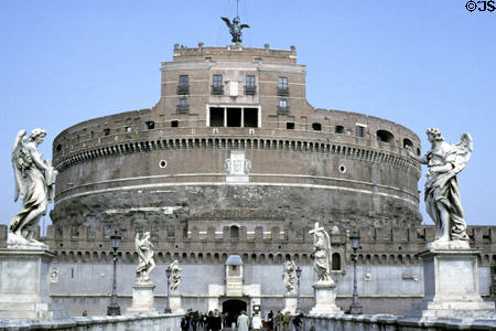 Ponte Sant'Angelo with angels by Bernini leads to Castel Sant'Angelo built by ancient Romans. Rome, Italy.