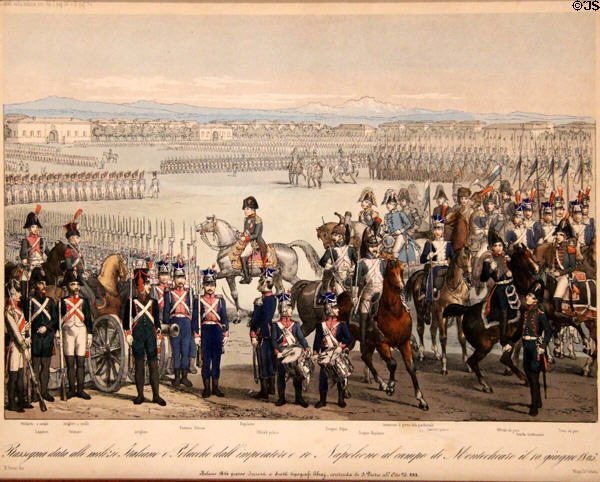 Napoleon inspecting Italian & Polish military troops on June 10, 1805 during era of Italian Republic & then Kingdom of Italy when Napoleon ruled graphic (1845) at Risorgimento Museum. Turin, Italy.