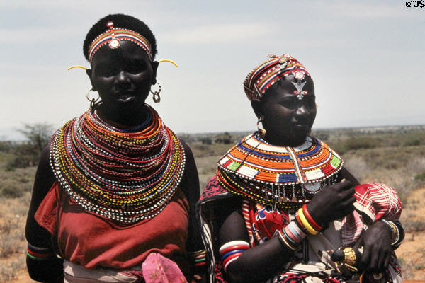 Samburu women wearing beaded necklaces & headbands. Kenya.