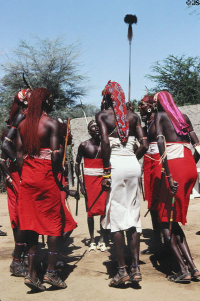 Samburu tribal dancers do traditional jump step. Kenya.