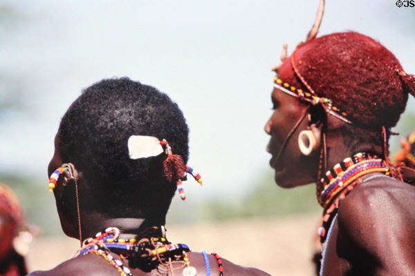 Beaded jewelry & colored hair of Samburu dancers. Kenya.