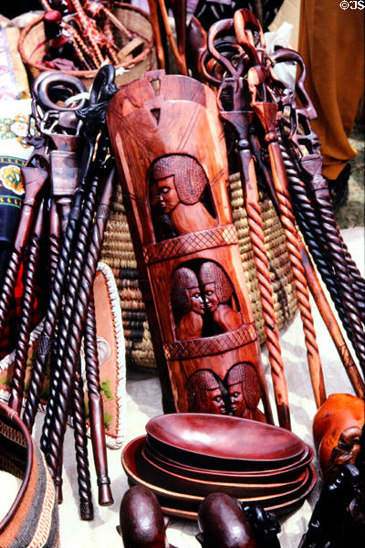 Carved walking sticks & wooden art at a crafts market near Nairobi. Kenya.