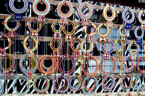 Beaded Masai collars for sale in Narok on way to Masai Mara National Reserve. Kenya.