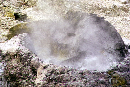 Sulfur and other minerals ring a steaming vent in Sulphur Springs Park near Soufrière. St Lucia.
