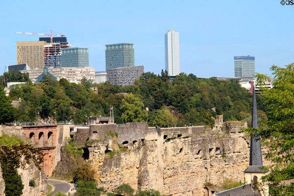 Looking east towards high rise buildings from Le Bock. Luxembourg, Luxembourg.