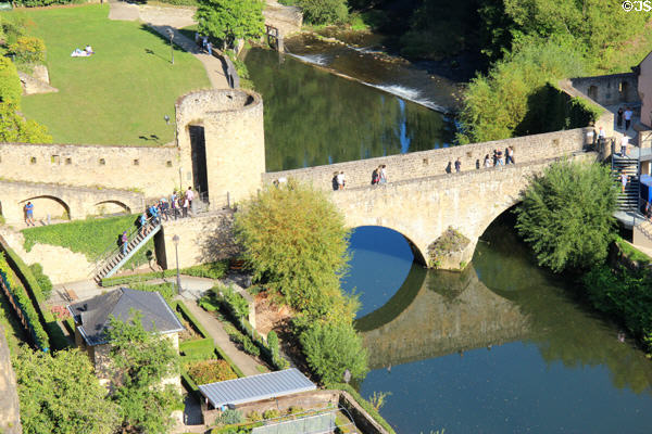 Footbridge over Alzette River from Le Bock to Grund area. Luxembourg, Luxembourg.