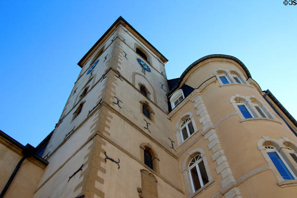Detail of tower & turret of St Michael's Church in Fishmarket area of old town. Luxembourg, Luxembourg.