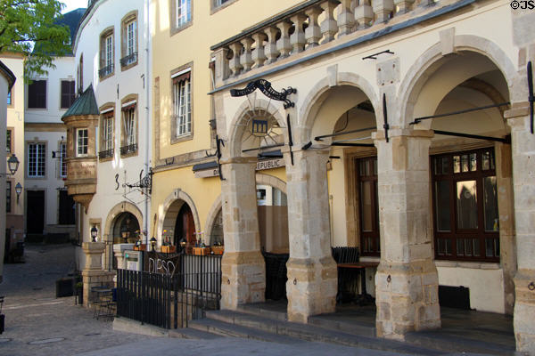 Buildings & narrow streets in historic core of city. Luxembourg, Luxembourg.