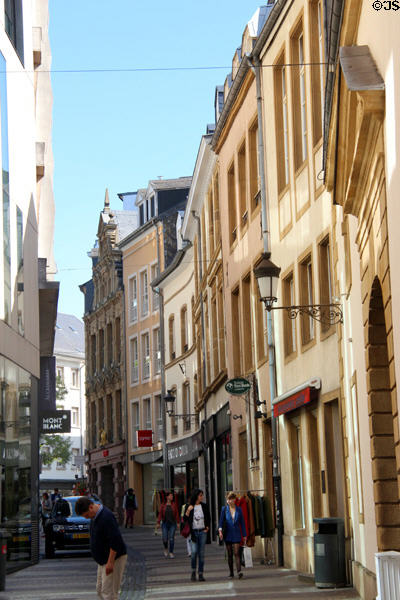 Busy shopping street in historic core of city. Luxembourg, Luxembourg.