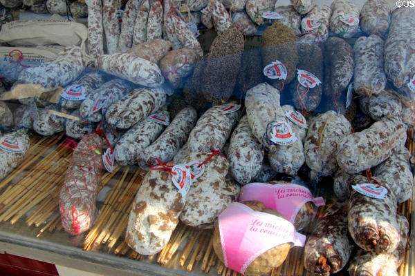 Various dried meats at open air market. Luxembourg, Luxembourg.