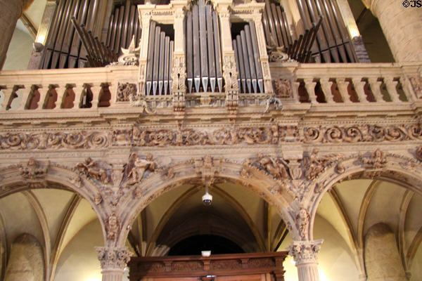 Carvings below gallery & organ of Cathedral of Our Lady. Luxembourg, Luxembourg.