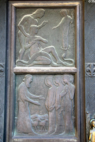 Low relief carvings of Adam & Eve in Garden of Eden & Christ preaching to his flock in Cathedral of Our Lady. Luxembourg, Luxembourg.