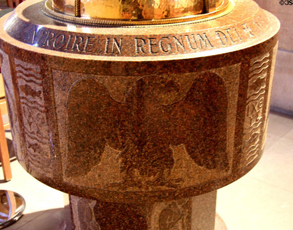 Eagle carving, representing St John Evangelist, on baptismal font at Cathedral of Our Lady. Luxembourg, Luxembourg.