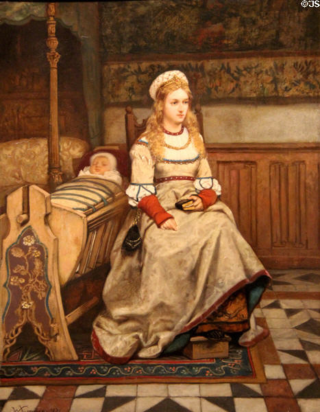 Young Mother at her Child's Cradle painting (1871) by Willem Linnig at Villa Vauban Museum. Luxembourg, Luxembourg.