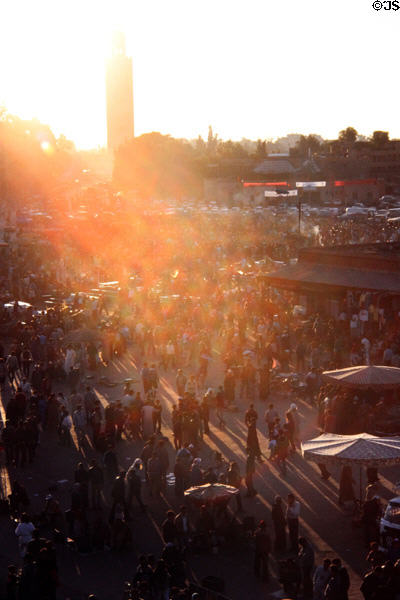 Place Jemaa el-Fnaa main market square at dusk. Marrakesh, Morocco.
