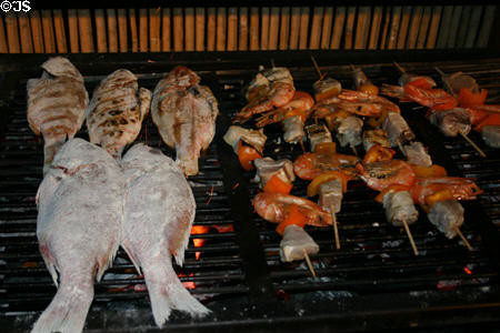Fish on grill at French resort. Diamant, Martinique.