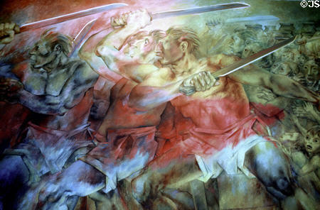 Native men fighting with machetes in Mexican revolution on a mural by Fernando Castro Pacheco in Mérida Government Palace. Mexico.