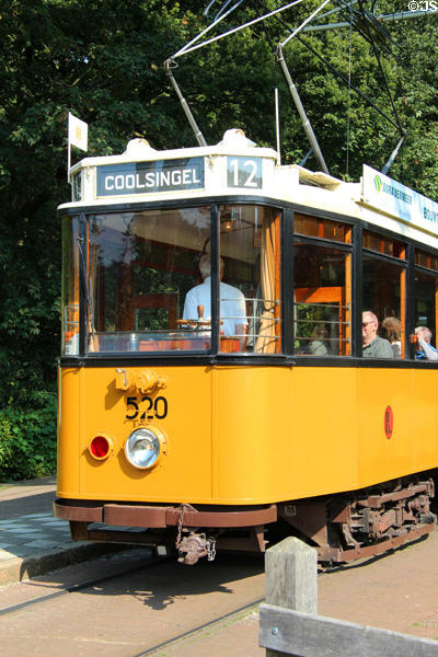 Tram 520 with pantograph to bring power from overhead wires to the vehicle at Arnhem Openlucht Museum. Arnhem, Netherlands.