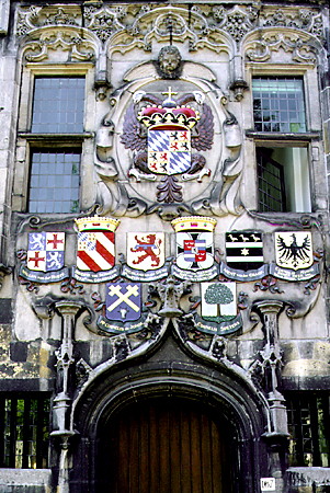 Ornate medieval offices on Oude Delft Canal number 167. Delft, Netherlands.